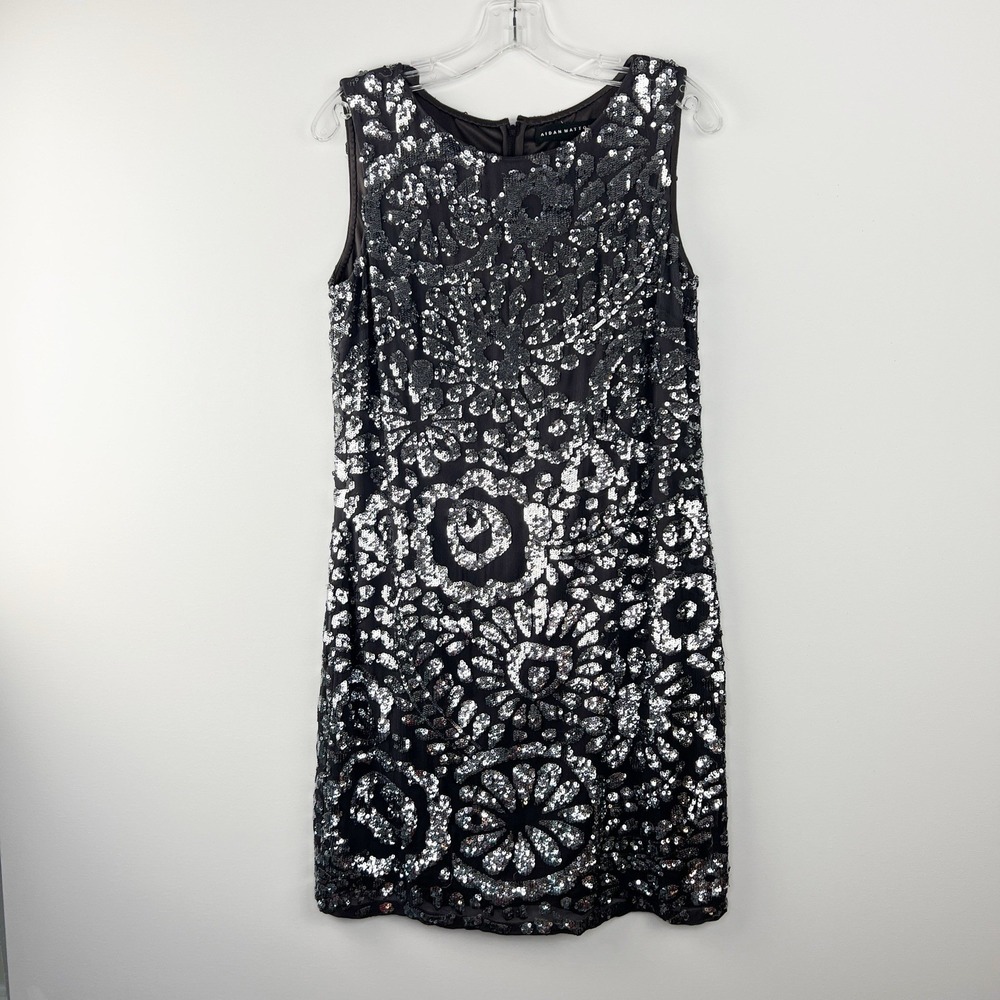 AIDEN MADDOX Black‎ Silk Floral Sequin Glam Cocktail Wedding Party Dress Size 8